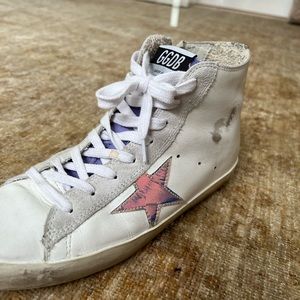 Women's White and Pink Star High-Top Sneakers